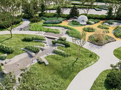 Beautiful Park Landscape With Lush Green Grass Walking Paths Trees And Circular Rest Area 3d model