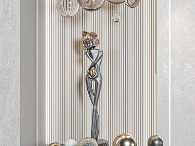 Abstract Female Figure Metal Sculpture With Striped Wall Round Lamps And Decorative Metal Balls 3d model