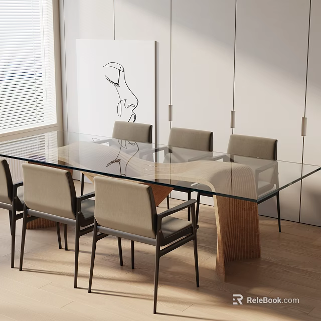 Modern Glass Top Dining Table Set With Light Gray Chairs And Wooden Floor 3d model 
