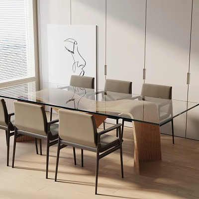 Modern Glass Top Dining Table Set With Light Gray Chairs And Wooden Floor 3d model