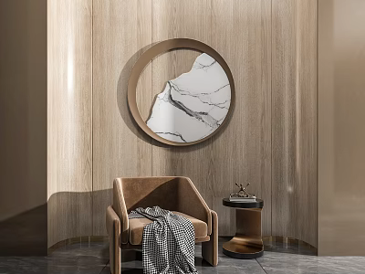 Brown Leisure Chair With Plaid Blanket On Wooden Wall And Round Marble Mirror 3d model
