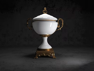 Elegant White Decorative Ornament Set with Gold Accents Lidded Handles and Base 3d model