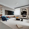 Modern Minimalist Bright Living And Dining Room Interior Design With Comfortable Sofas And Art Decorations