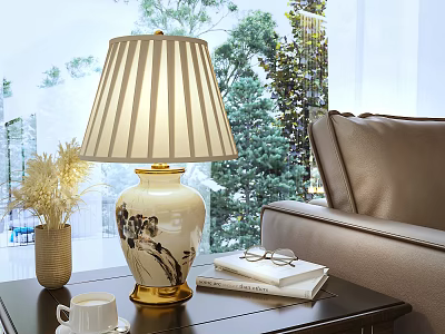 White Ceramic Table Lamp With Black Patterns And White Lampshade In Living Room 3d model
