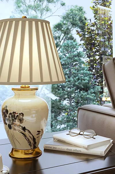White Ceramic Table Lamp With Black Patterns And White Lampshade In Living Room 3d model