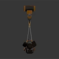 Three Orange And Black Hoisting Equipment With Suspended Loads And Lifting Cables
