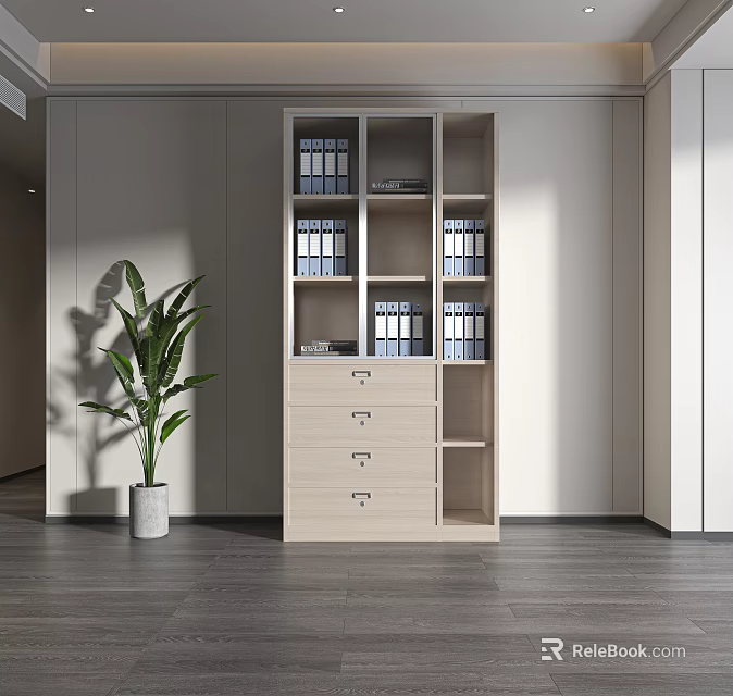Modern Beige Console Side Cabinet With Storage Shelves Drawers And Green Plant 3d model 