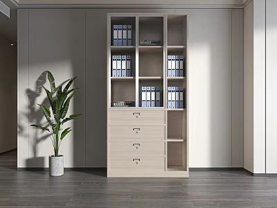 Modern Beige Console Side Cabinet With Storage Shelves Drawers And Green Plant 3d model