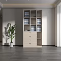 Modern Beige Console Side Cabinet With Storage Shelves Drawers And Green Plant