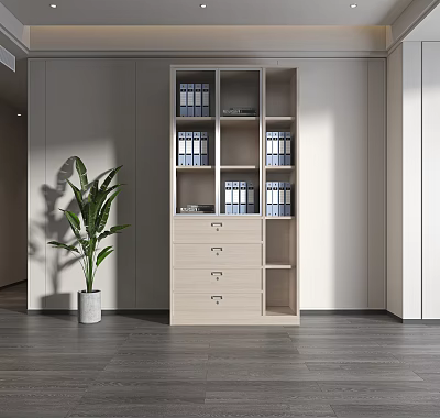 Modern Beige Console Side Cabinet With Storage Shelves Drawers And Green Plant 3d model