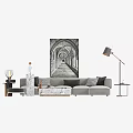 Modern Gray L shaped Sofa And Marble Coffee Table Set With Plush Pillows Black White Archway Wall Art
