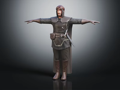 3D Medieval Warrior Character With Brown Armor Sword And Outstretched Arms 3d model