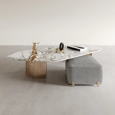 Modern Living Room Coffee Table With Marble Top Golden Base And Checkered Stool 3d model