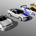 Sporty Racing Cars With Rear Spoilers Blue Stripes And Orange Accents