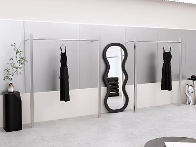 Stylish Metal Clothes Rack with Hanging Black Dress and Decorative Mirror in Modern Shop Interior 3d model