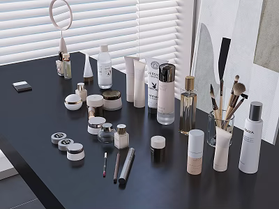 Assorted Perfume and Cosmetics on Black Table with Bottles Jars and Makeup Brushes 3d model