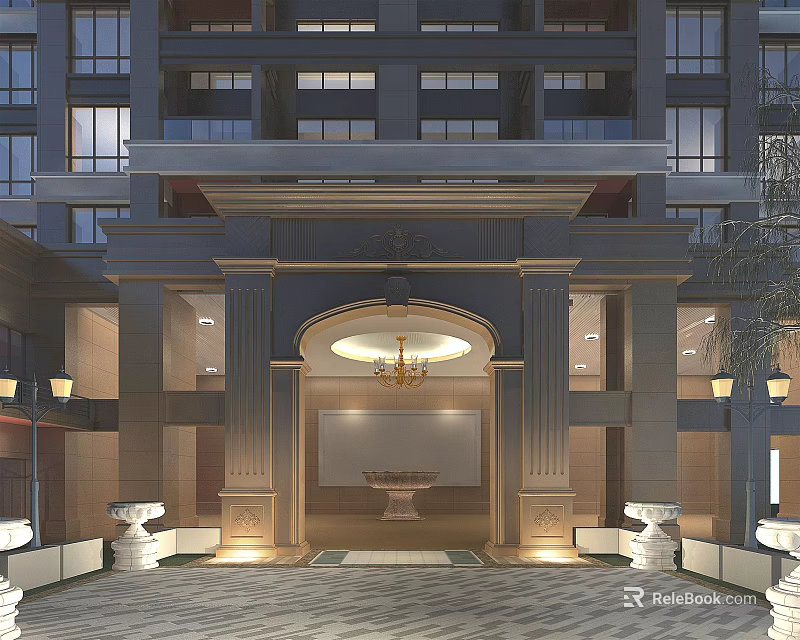 Elegant Classical Building Entrance Gate With Decorative Columns Chandelier And Paved Courtyard 3d model 