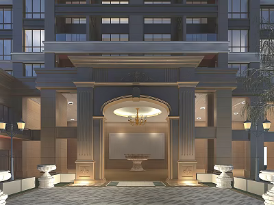 Elegant Classical Building Entrance Gate With Decorative Columns Chandelier And Paved Courtyard 3d model