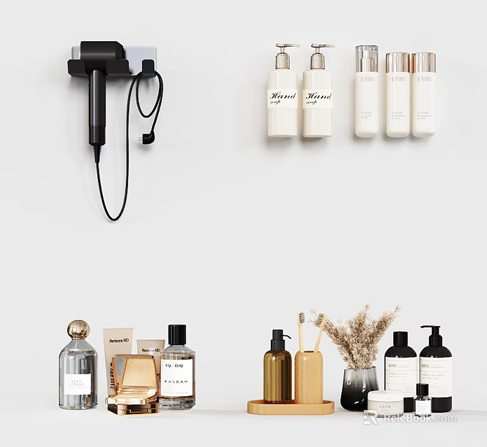 Modern Minimalist Bathroom Accessories With Wall Mounted Hair Dryer And Bath Products Bottles On Shelf 3d model 