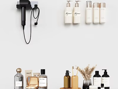 Modern Minimalist Bathroom Accessories With Wall Mounted Hair Dryer And Bath Products Bottles On Shelf 3d model