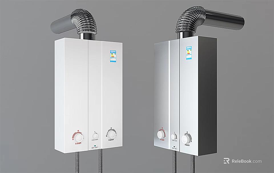 White And Silver Gas Water Heaters With Exhaust Pipes And Control Knobs 3d model 