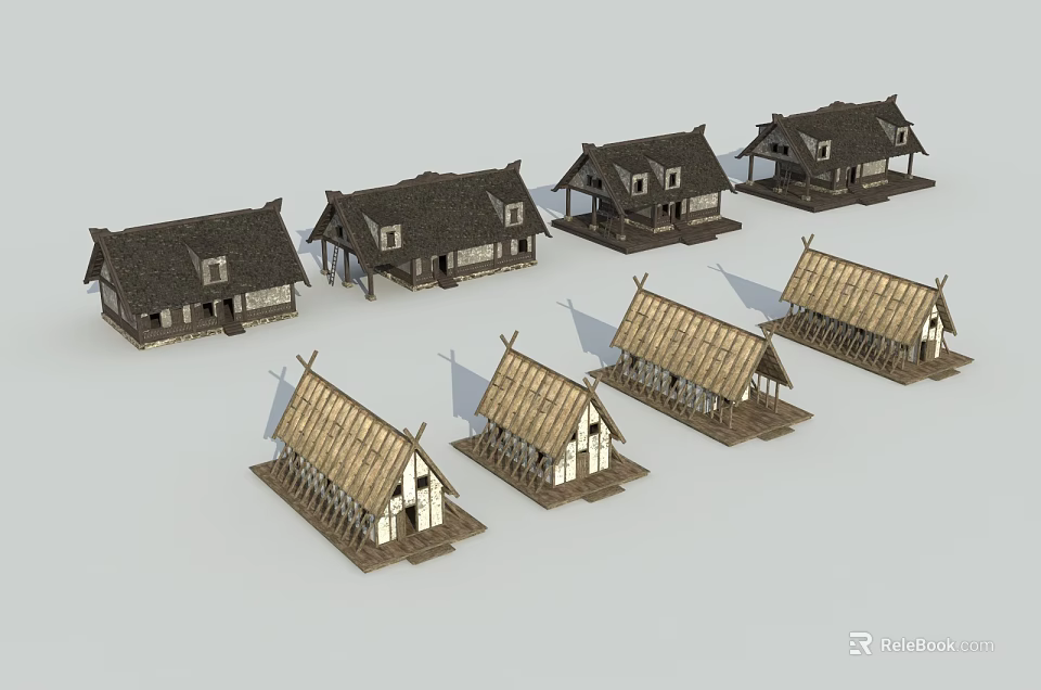 Traditional Thatched Cottage Models Featuring Diverse Design Styles And Thatch Roofs 3d model 