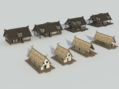 Traditional Thatched Cottage Models Featuring Diverse Design Styles And Thatch Roofs 3d model