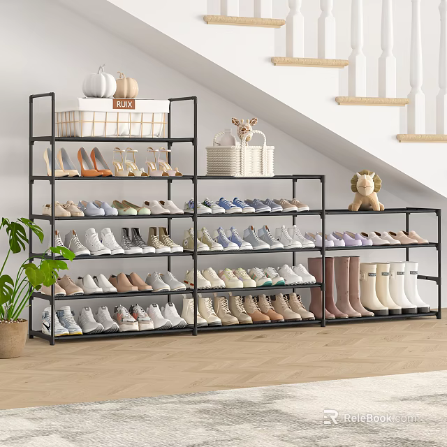 Modern Multi Tier Shoe Rack Organizing Various Shoes With Storage Basket And Plant Near Staircase 3d model 