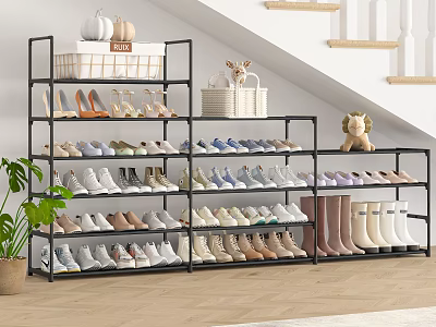 Modern Multi Tier Shoe Rack Organizing Various Shoes With Storage Basket And Plant Near Staircase 3d model