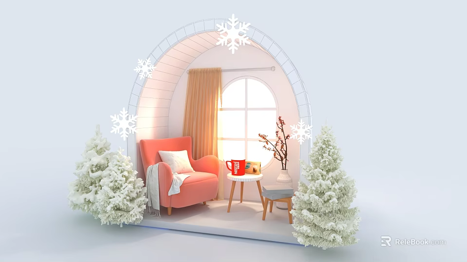 Cozy Winter Photo Spot With Arch Snowflakes Orange Armchair White Christmas Trees And Window Light 3d model 