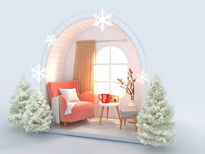 Cozy Winter Photo Spot With Arch Snowflakes Orange Armchair White Christmas Trees And Window Light 3d model