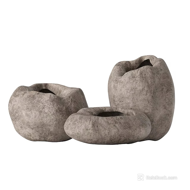 Handcrafted Gray Ceramic Vessels Three Piece Set With Natural Texture For Home Decoration 3d model 