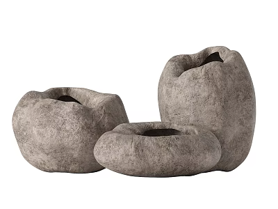 Handcrafted Gray Ceramic Vessels Three Piece Set With Natural Texture For Home Decoration 3d model