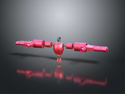Red Mechanical Structure With Elongated Parts And Central Apple Shape 3d model