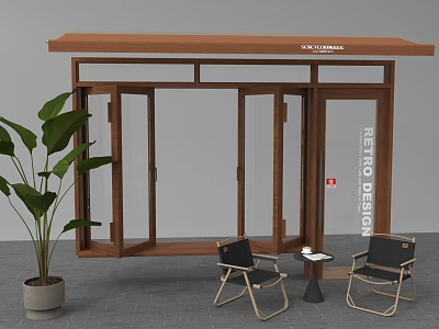 Glass Door Structure With Wooden Roof Featuring Two Black Chairs Small Round Table Green Plant 3d model