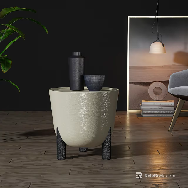 Modern Cream Textured Side Table With Black Legs Green Plant And Hanging Lamp 3d model 