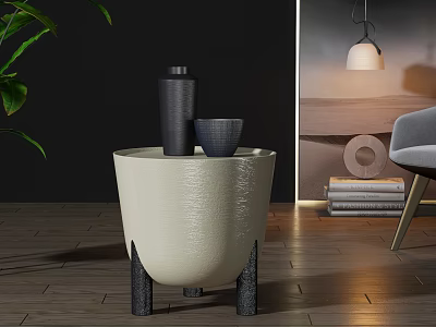 Modern Cream Textured Side Table With Black Legs Green Plant And Hanging Lamp 3d model