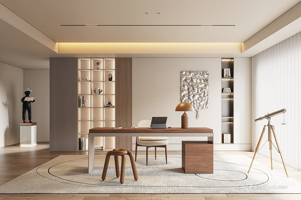 Modern Study Room Interior With Bookshelves Desk And Telescope 3d model