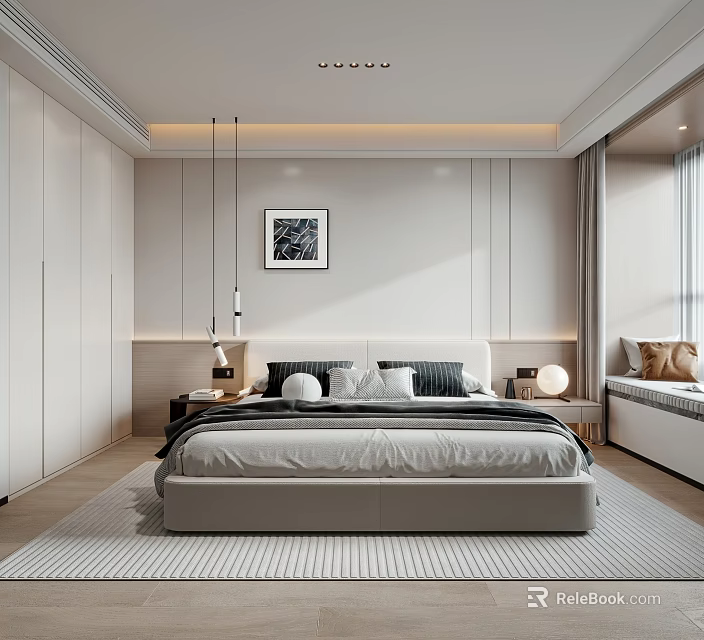 Modern White Bedroom Interior With Wardrobe Bed Pendant Lights Rug Bay Window And Decorative Painting 3d model 