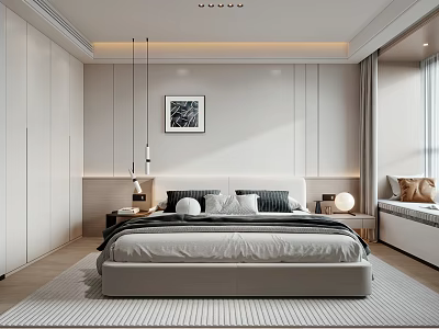 Modern White Bedroom Interior With Wardrobe Bed Pendant Lights Rug Bay Window And Decorative Painting 3d model