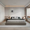 Modern White Bedroom Interior With Wardrobe Bed Pendant Lights Rug Bay Window And Decorative Painting