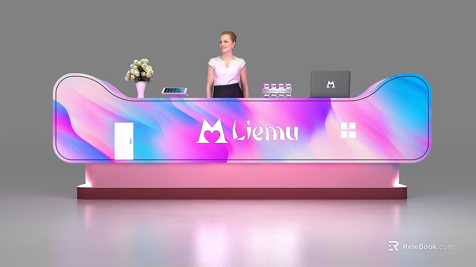 Modern Liemu Reception Desk With Pink Blue Gradient Flower Vase Laptop And Receptionist 3d model 