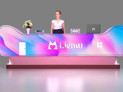 Modern Liemu Reception Desk With Pink Blue Gradient Flower Vase Laptop And Receptionist 3d model