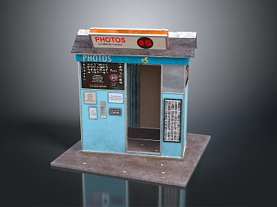 Blue Photo Booth Structure With Photos Sign Red Logo Door And Base 3d model