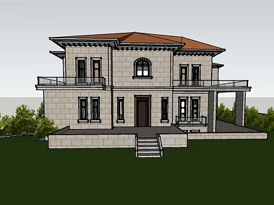 Elegant Detached Villa With Red Roof Stone Exterior Balcony And Green Lawn 3d model
