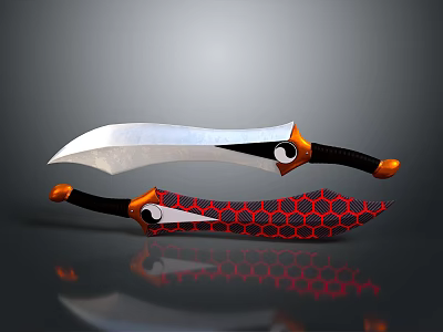 Two Unique Designed Knives With Silver Blades And Orange Black Red Honeycomb Pattern Handles 3d model