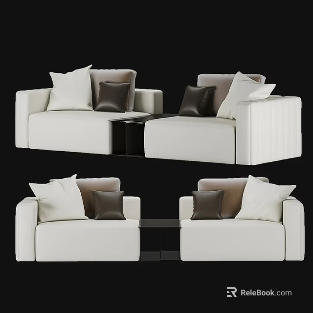 Modern White Sectional Sofa Set With Brown And White Accent Pillows 3d model