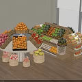Wooden Shelves With Packaged Goods Fresh Fruits And Baskets Near Display Stand By Window