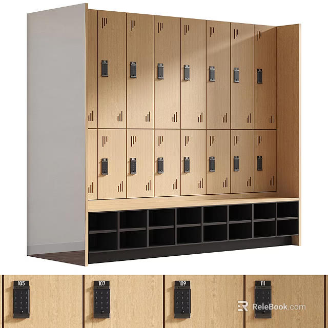 Modern Wooden Storage Lockers With Multiple Lockable Doors And Bottom Storage Compartments 3d model 