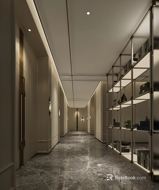 Modern Elevator Corridor Interior Design With Wall Sconces And Shelves 3d model